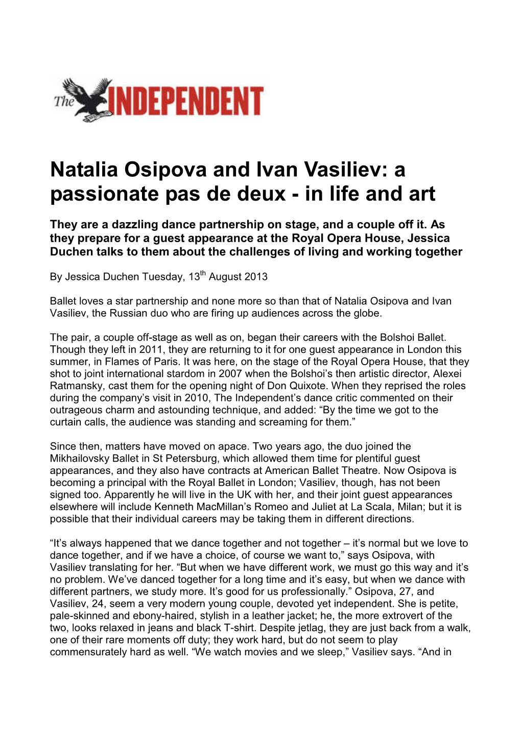 Natalia Osipova and Ivan Vasiliev: a Passionate Pas De Deux - in Life and Art