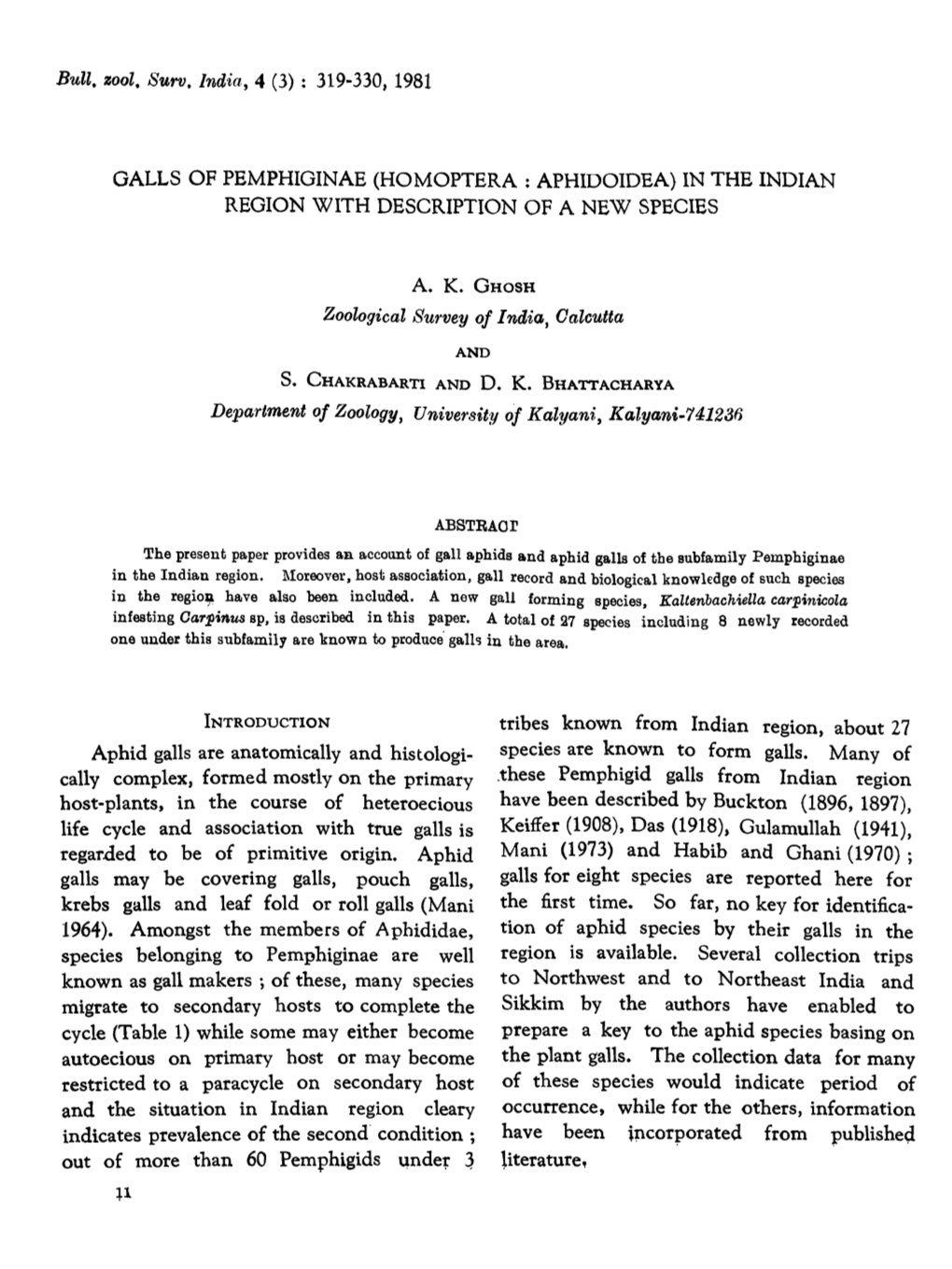 Galls of Pemphiginae (Homoptera : Aphidoidea) in the Indian Region with Description of a New Species