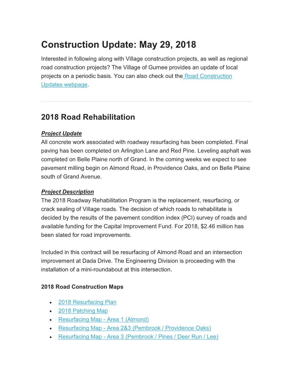 Construction Update: May 29, 2018