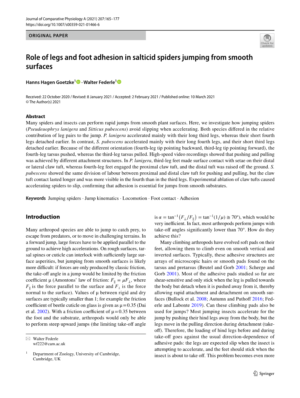 Role of Legs and Foot Adhesion in Salticid Spiders Jumping from Smooth Surfaces