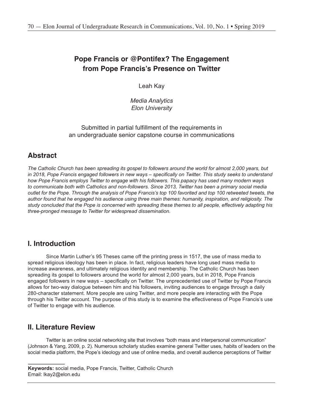 Pope Francis Or @Pontifex? the Engagement from Pope Francis’S Presence on Twitter