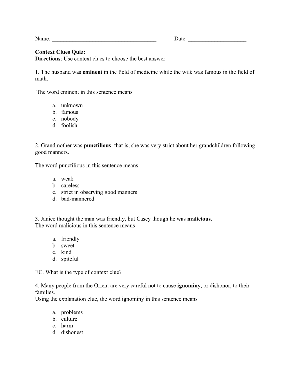 ELA: Context Clues (Middle School) Test # 2