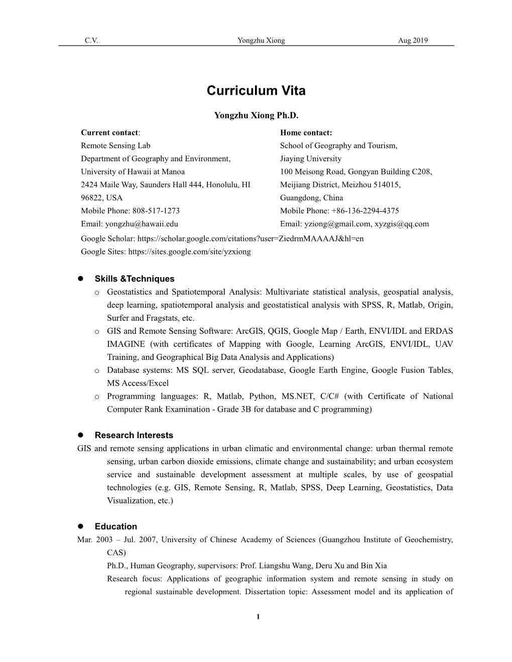 Resume of Yongzhu Xiong