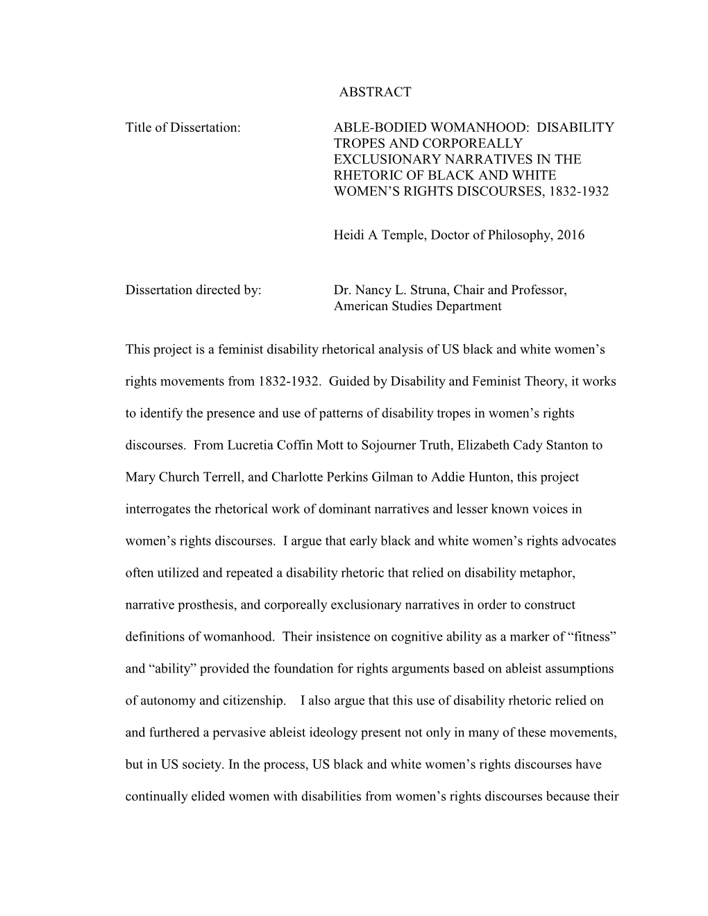 Able-Bodied Womanhood: Disability Tropes and Corporeally Exclusionary Narratives in the Rhetoric of Black and White Women’S Rights Discourses, 1832-1932