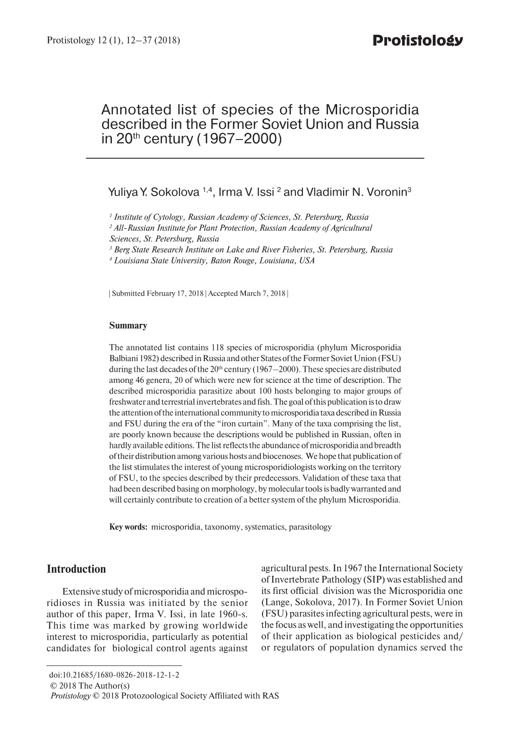 Protistology Annotated List of Species of the Microsporidia Described in the Former Soviet Union and Russia in 20Th Century (196