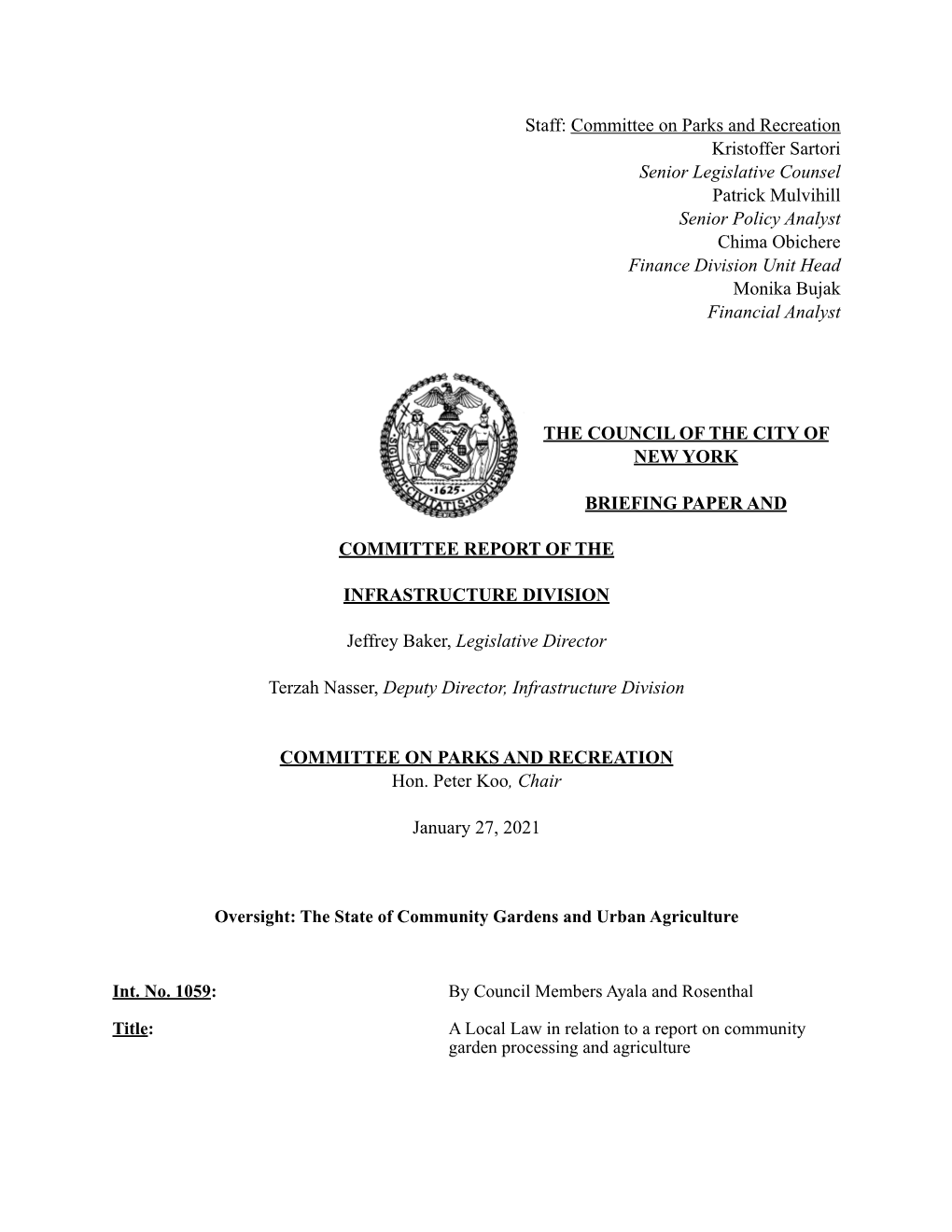 NYC Council Parks Committee Report 1.27.21