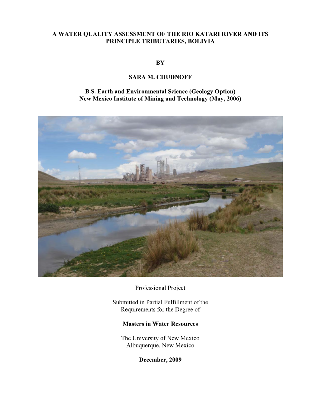 A Water Quality Assessment of the Rio Katari River and Its Principle Tributaries, Bolivia