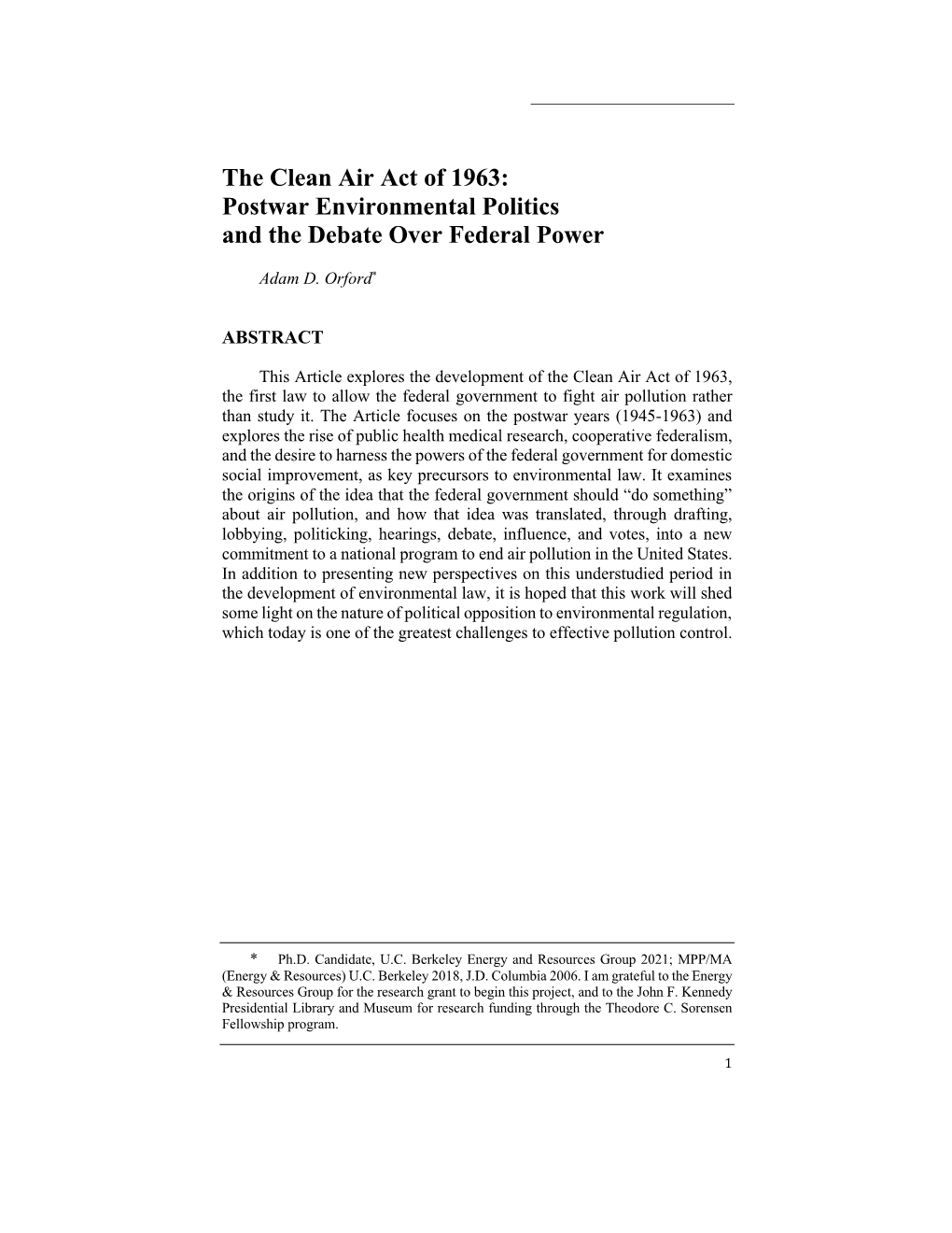 The Clean Air Act of 1963: Postwar Environmental Politics and the Debate Over Federal Power