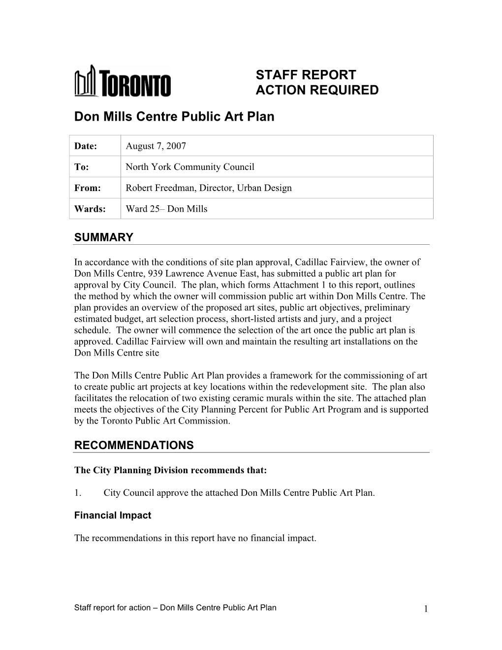 STAFF REPORT ACTION REQUIRED Don Mills Centre Public Art Plan