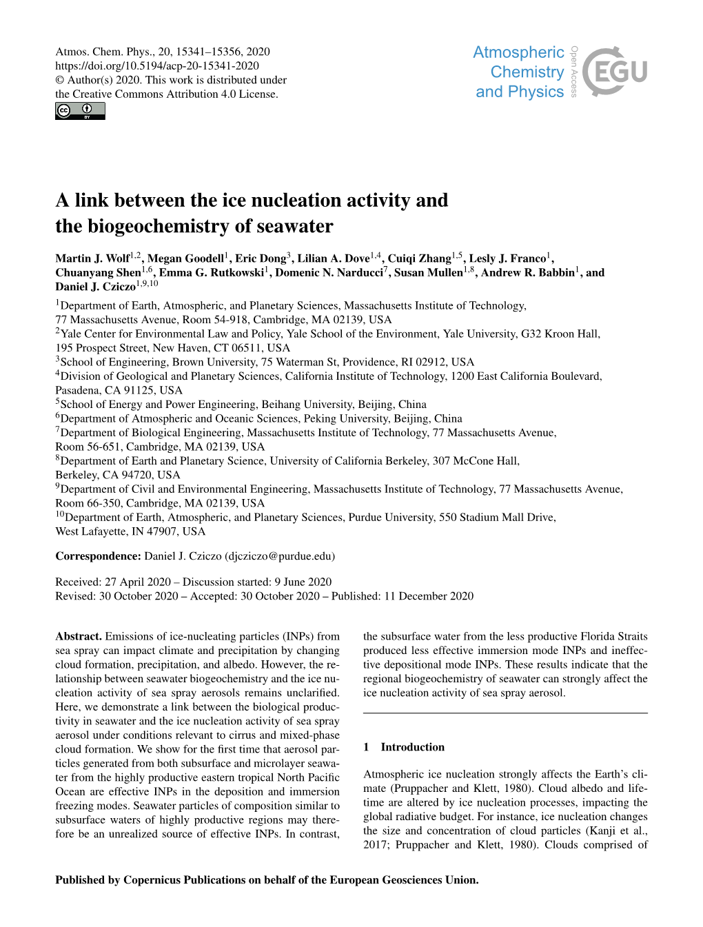 A Link Between the Ice Nucleation Activity and the Biogeochemistry of Seawater