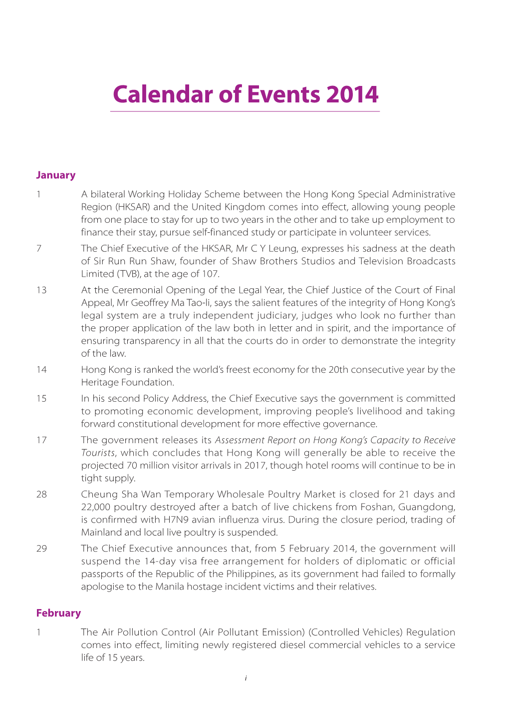 Calendar of Events 2014