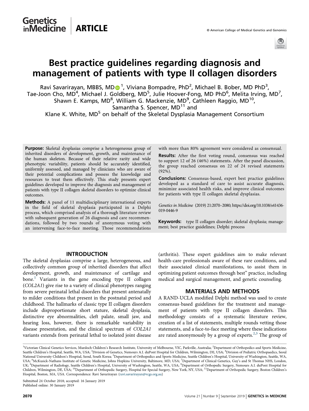 Best Practice Guidelines Regarding Diagnosis and Management of Patients with Type II Collagen Disorders