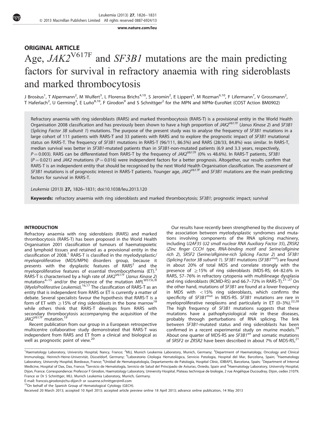 Age, JAK2V617F and SF3B1 Mutations Are the Main Predicting Factors for Survival in Refractory Anaemia with Ring Sideroblasts and Marked Thrombocytosis