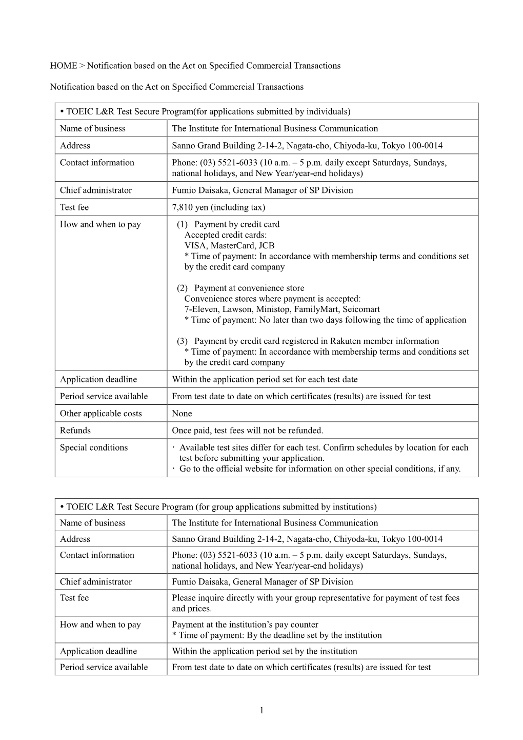 Notification Based on the Act on Specified Commercial Transactions