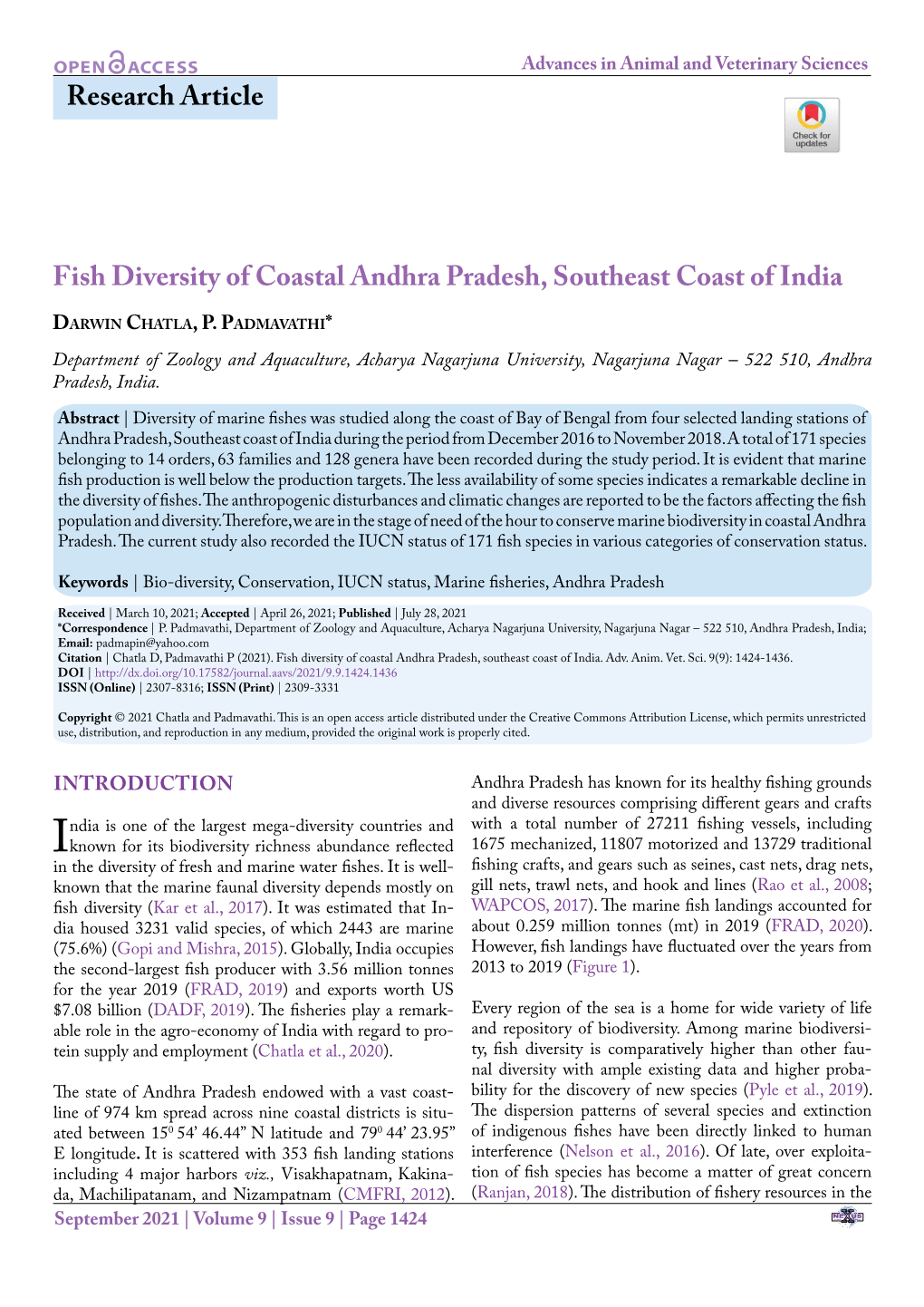 Fish Diversity of Coastal Andhra Pradesh, Southeast Coast of India