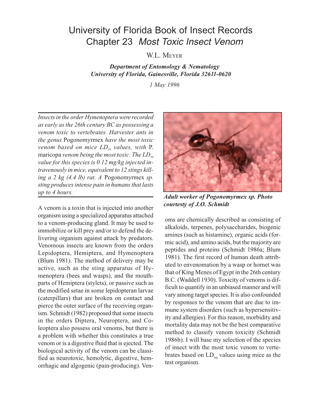 University of Florida Book of Insect Records Chapter 23 Most Toxic