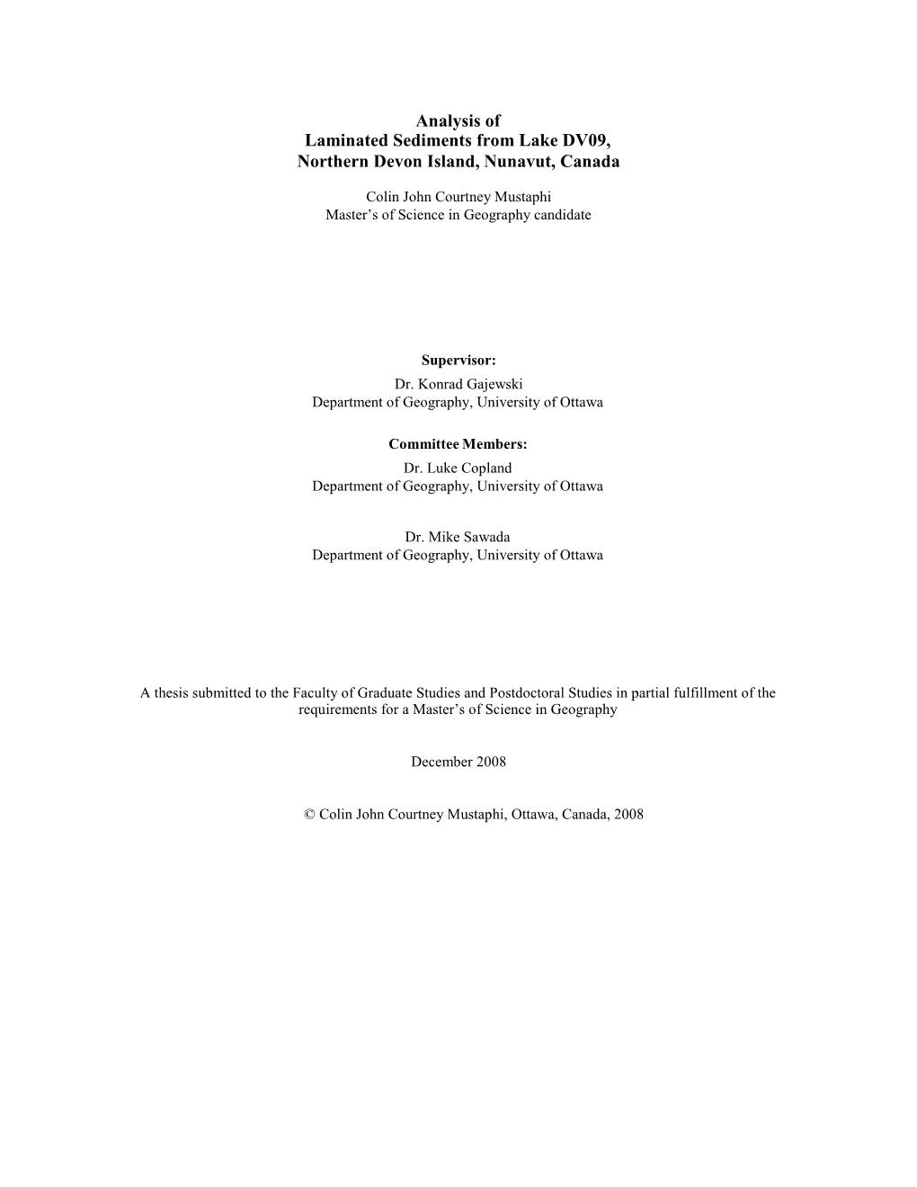 Analysis of Laminated Sediments from Lake DV09, Northern Devon Island, Nunavut, Canada