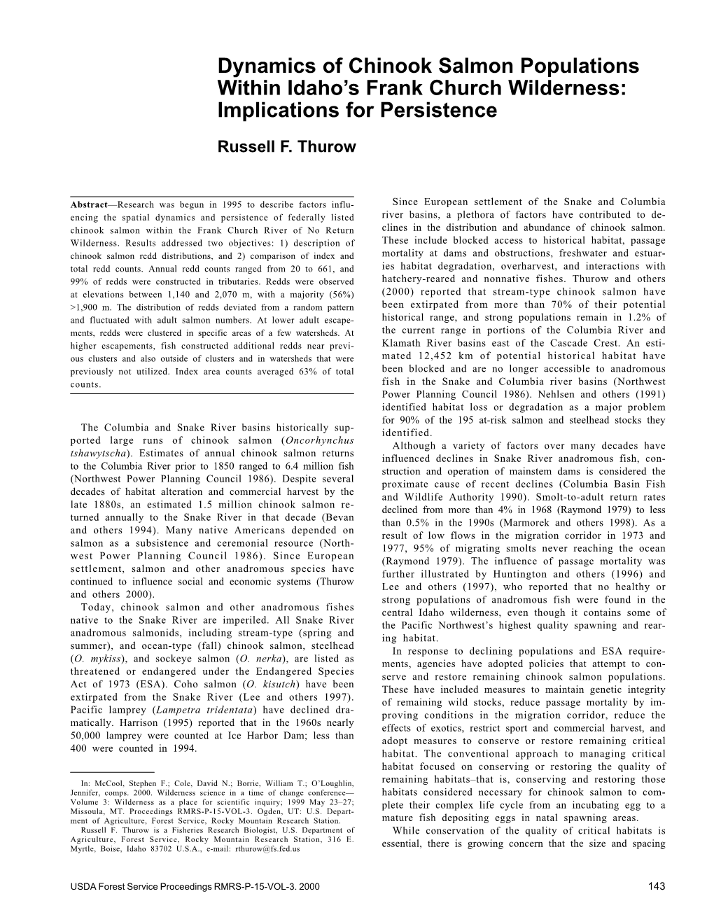 Dynamics of Chinook Salmon Populations Within Idaho's Frank