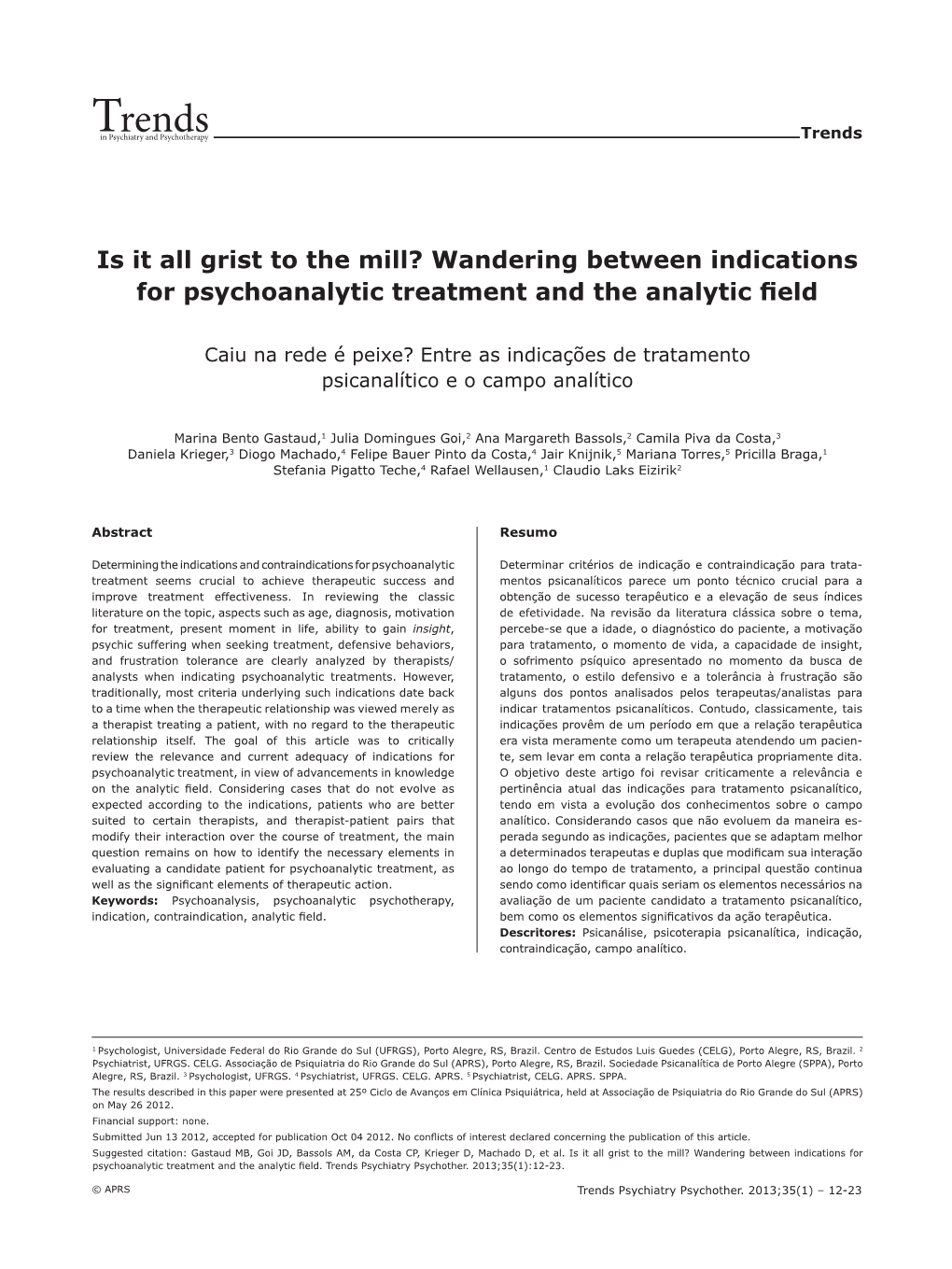 Wandering Between Indications for Psychoanalytic Treatment and the Analytic Field