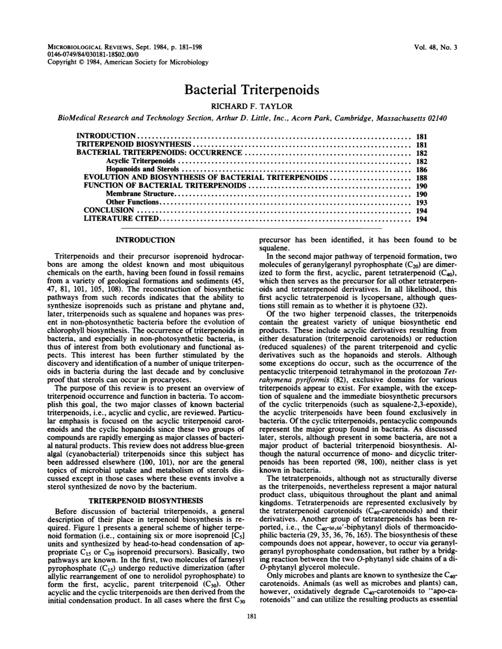 Bacterial Triterpenoids RICHARD F