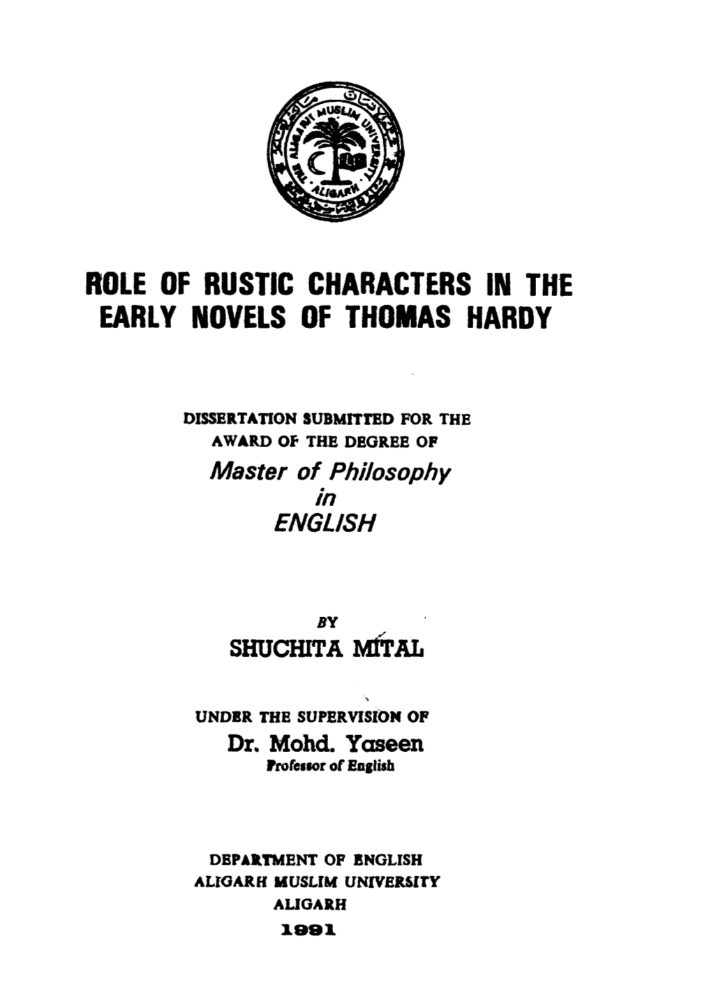 Role of Rustic Characters in the Early Novels of Thomas Hardy