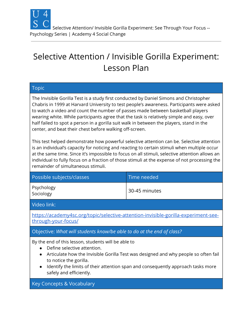 Selective Attention / Invisible Gorilla Experiment: Lesson Plan