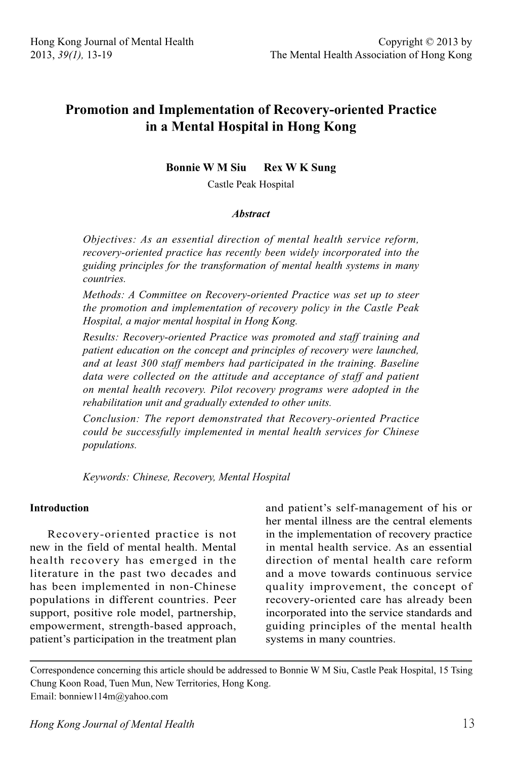 Promotion and Implementation of Recovery-Oriented Practice in a Mental Hospital in Hong Kong