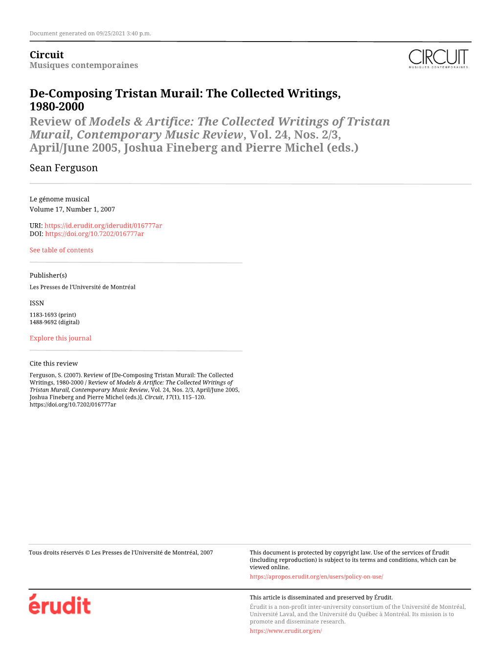 De-Composing Tristan Murail: the Collected Writings, 1980-2000 Review of Models & Artifice: the Collected Writings of Tristan Murail, Contemporary Music Review, Vol