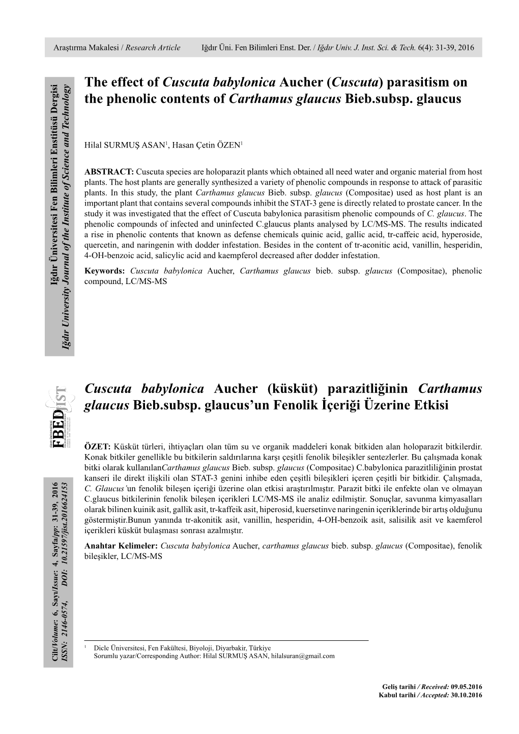 (Cuscuta) Parasitism on the Phenolic Contents of Carthamus Glaucus