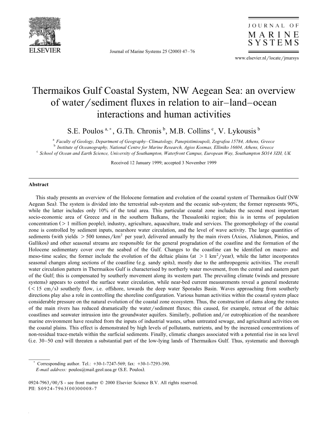 Thermaikos Gulf Coastal System, NW Aegean Sea: an Overview of Waterrsediment Fluxes in Relation to Air±Land±Ocean Interactions and Human Activities