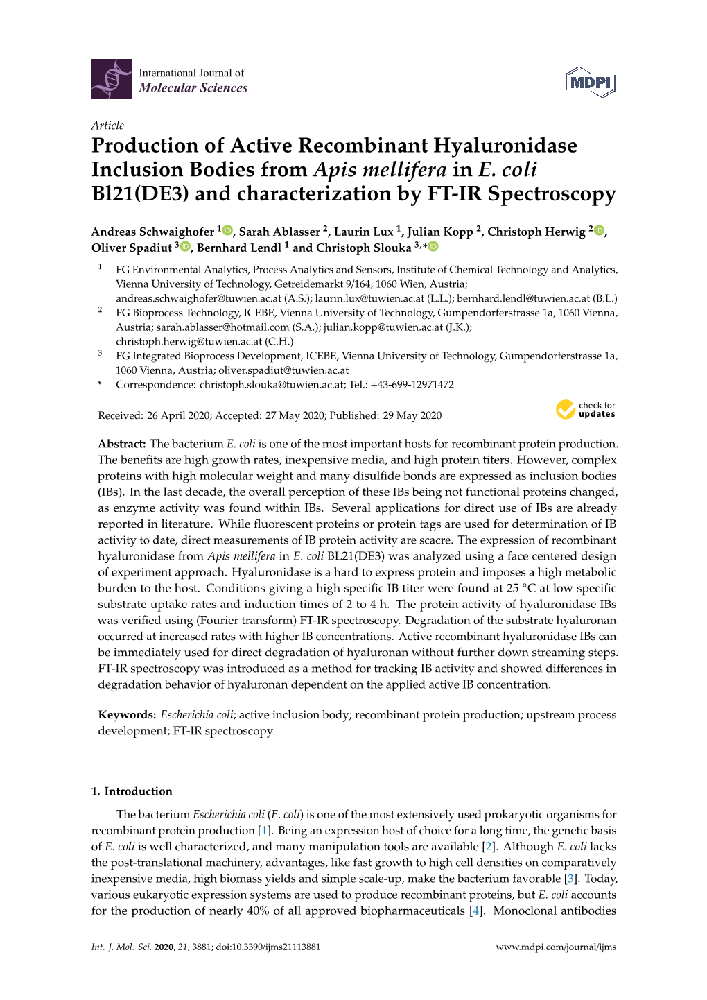Production of Active Recombinant Hyaluronidase Inclusion Bodies from Apis Mellifera in E