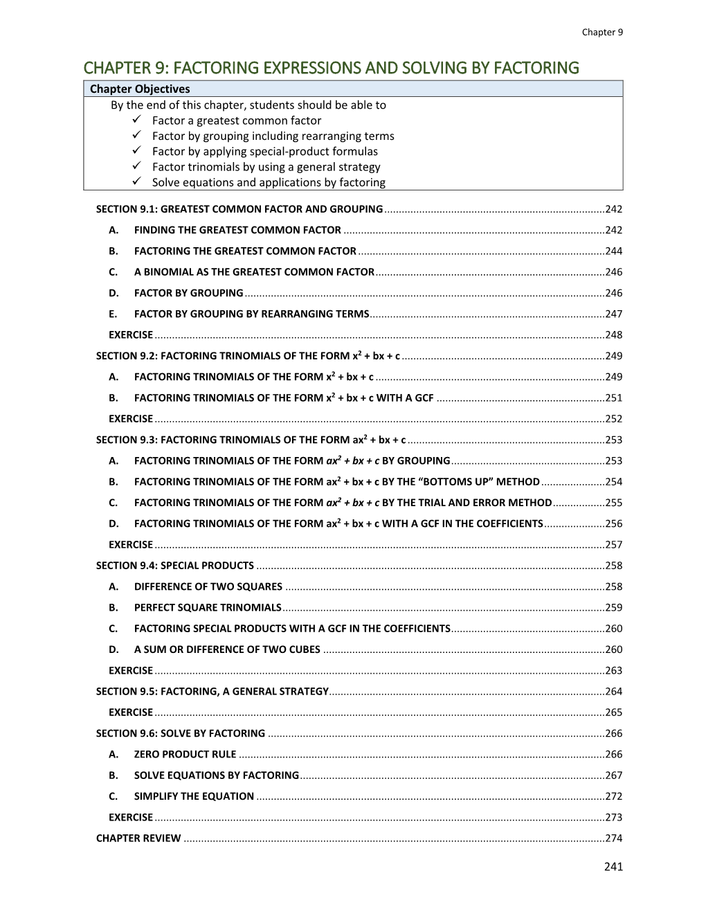 Chapter 9: Factoring Expressions and Solving By