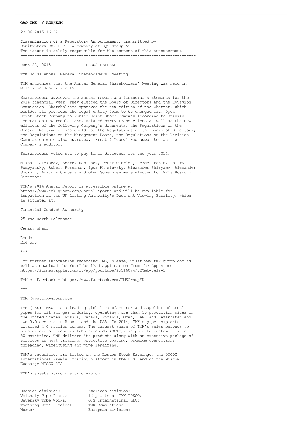 OAO TMK / AGM/EGM 23.06.2015 16:32 Dissemination of a Regulatory Announcement, Transmitted by Equitystory.RS, LLC - a Company of EQS Group AG