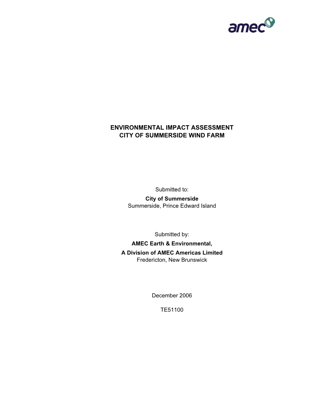 Environmental Impact Assessment City of Summerside Wind Farm