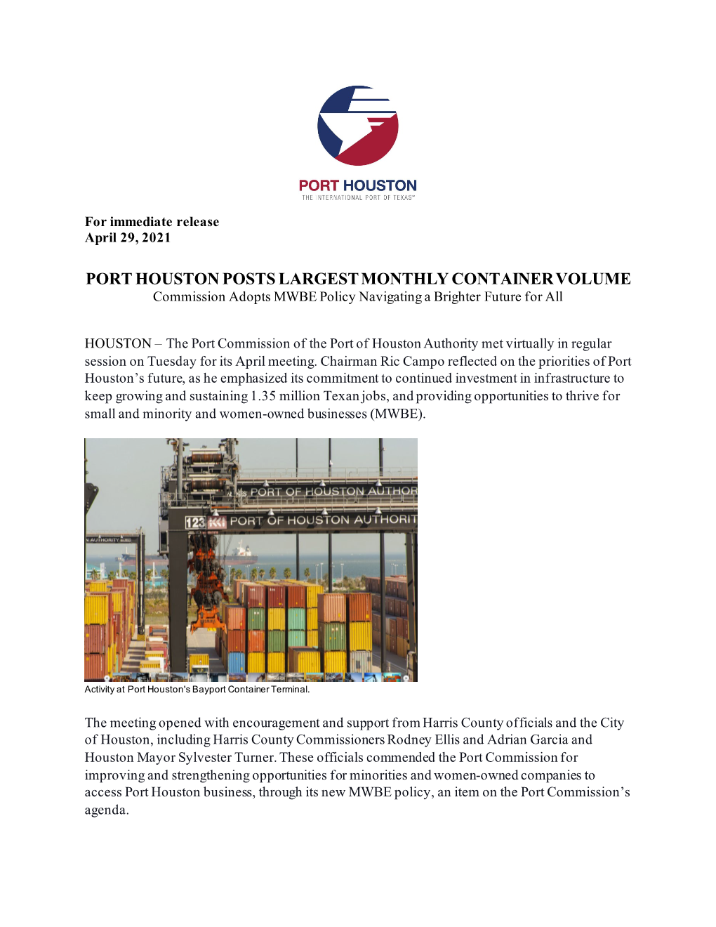 April 29, 2021 – Port Houston Posts Largest Monthly Container Volume