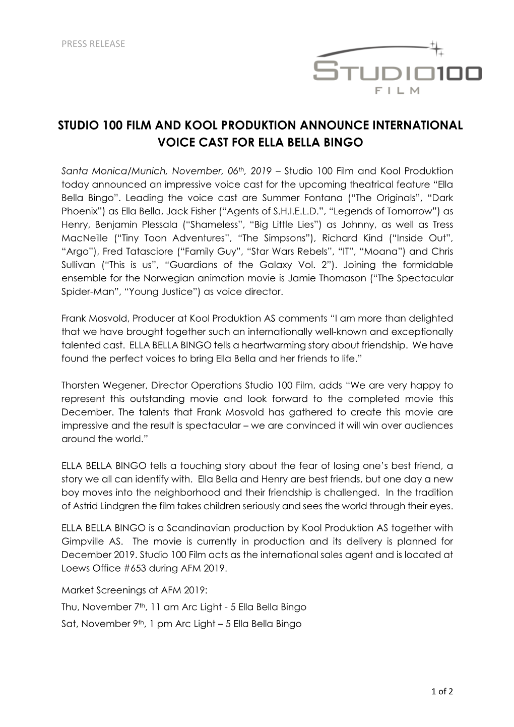 Studio 100 Film and Kool Produktion Announce International Voice Cast for Ella Bella Bingo