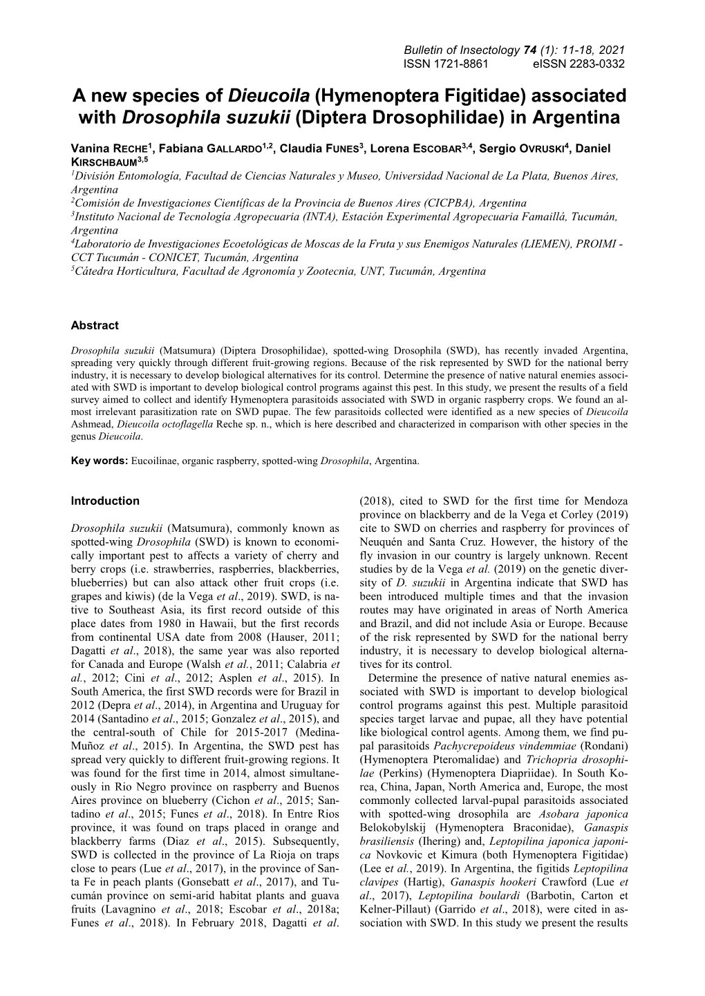 (Hymenoptera Figitidae) Associated with Drosophila Suzukii (Diptera Drosophilidae) in Argentina