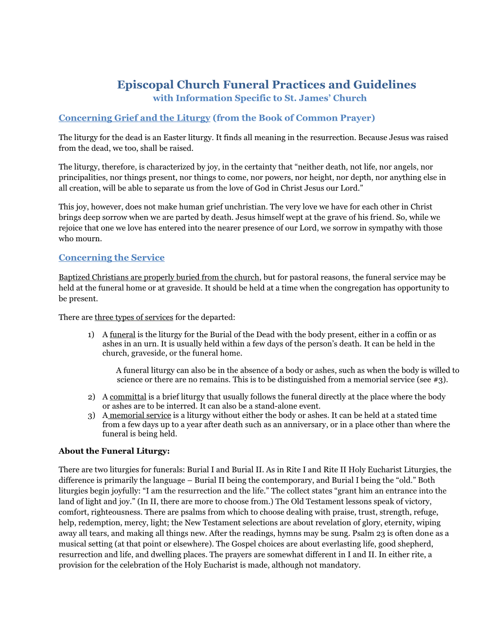 Episcopal Church Funeral Practices and Guidelines with Information Specific to St