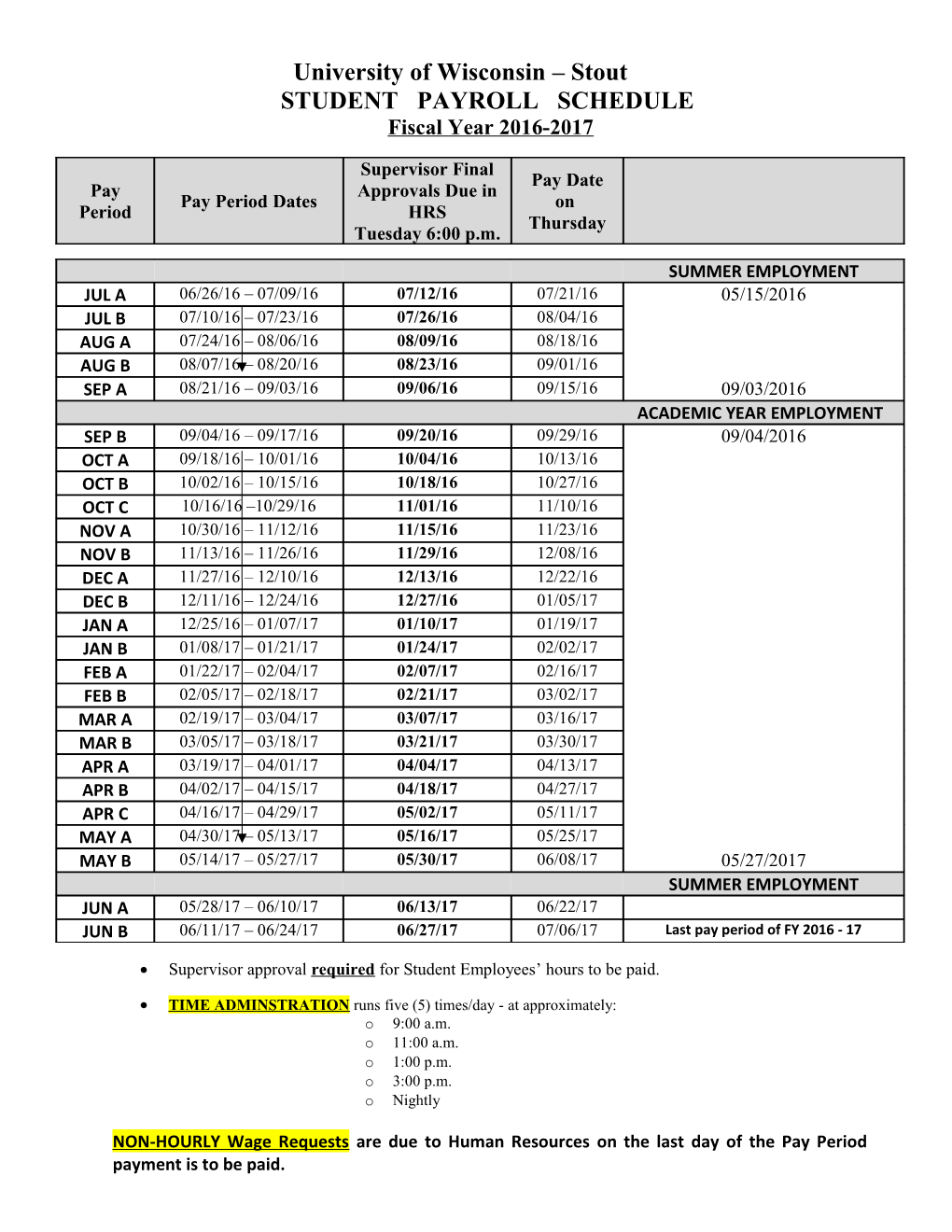 Student Payroll Schedule