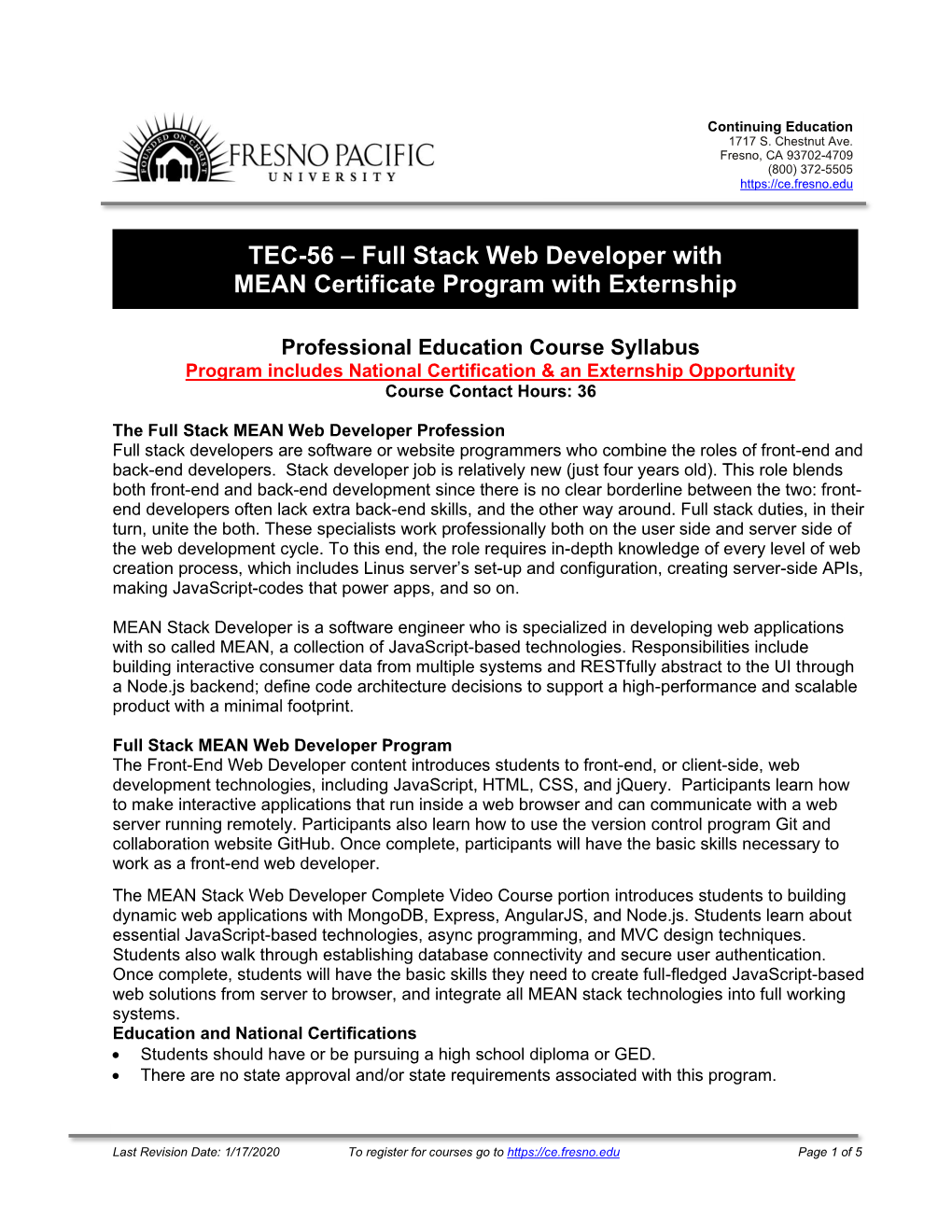 TEC-56 – Full Stack Web Developer with MEAN Certificate Program with Externship