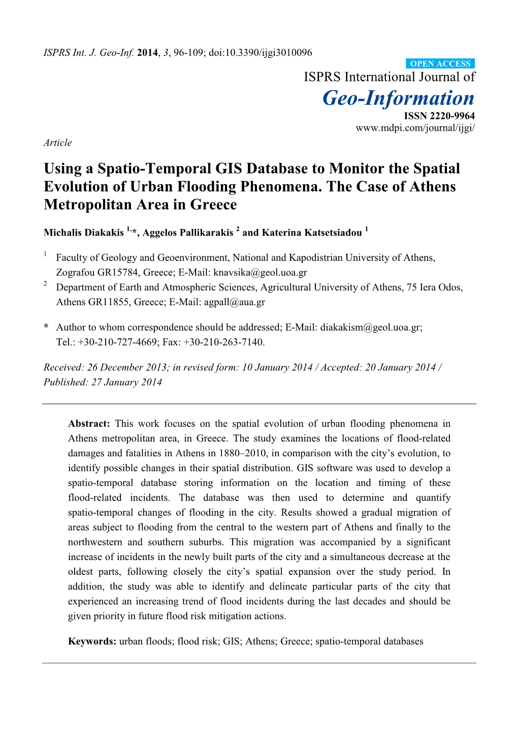 Using a Spatio-Temporal GIS Database to Monitor the Spatial Evolution of Urban Flooding Phenomena. the Case of Athens Metropolitan Area in Greece