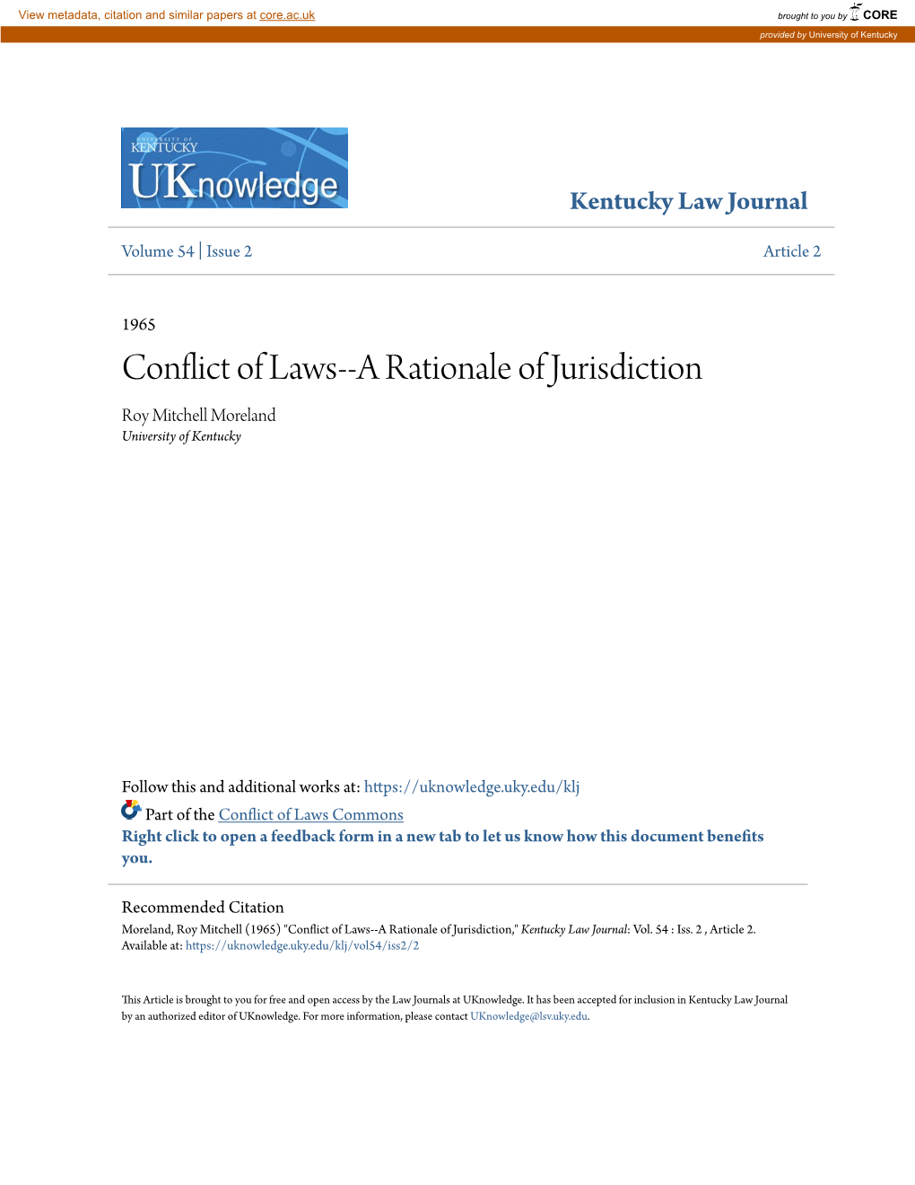 Conflict of Laws--A Rationale of Jurisdiction Roy Mitchell Moreland University of Kentucky