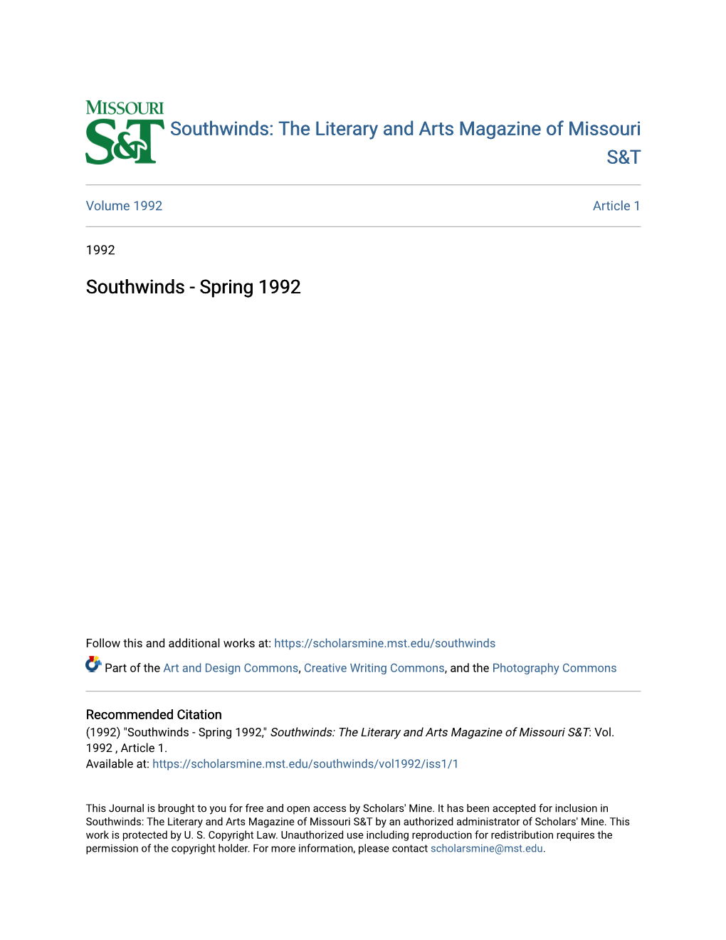Southwinds: the Literary and Arts Magazine of Missouri S&T