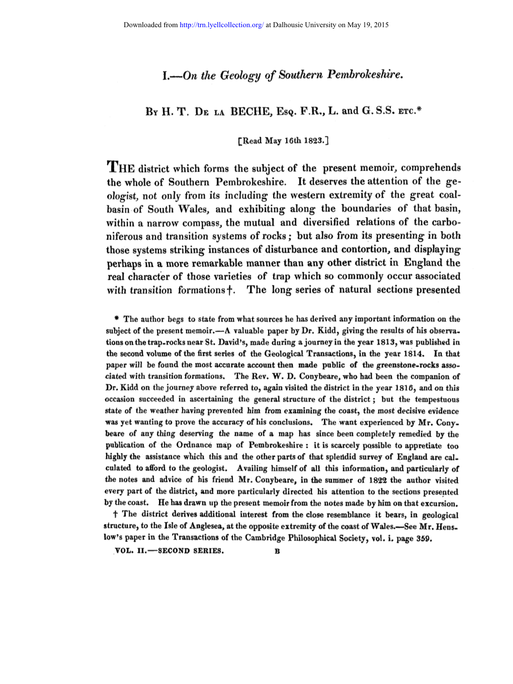 I.—Qn the Geology of Southern Pembrokeshire. by H. T. DE LA