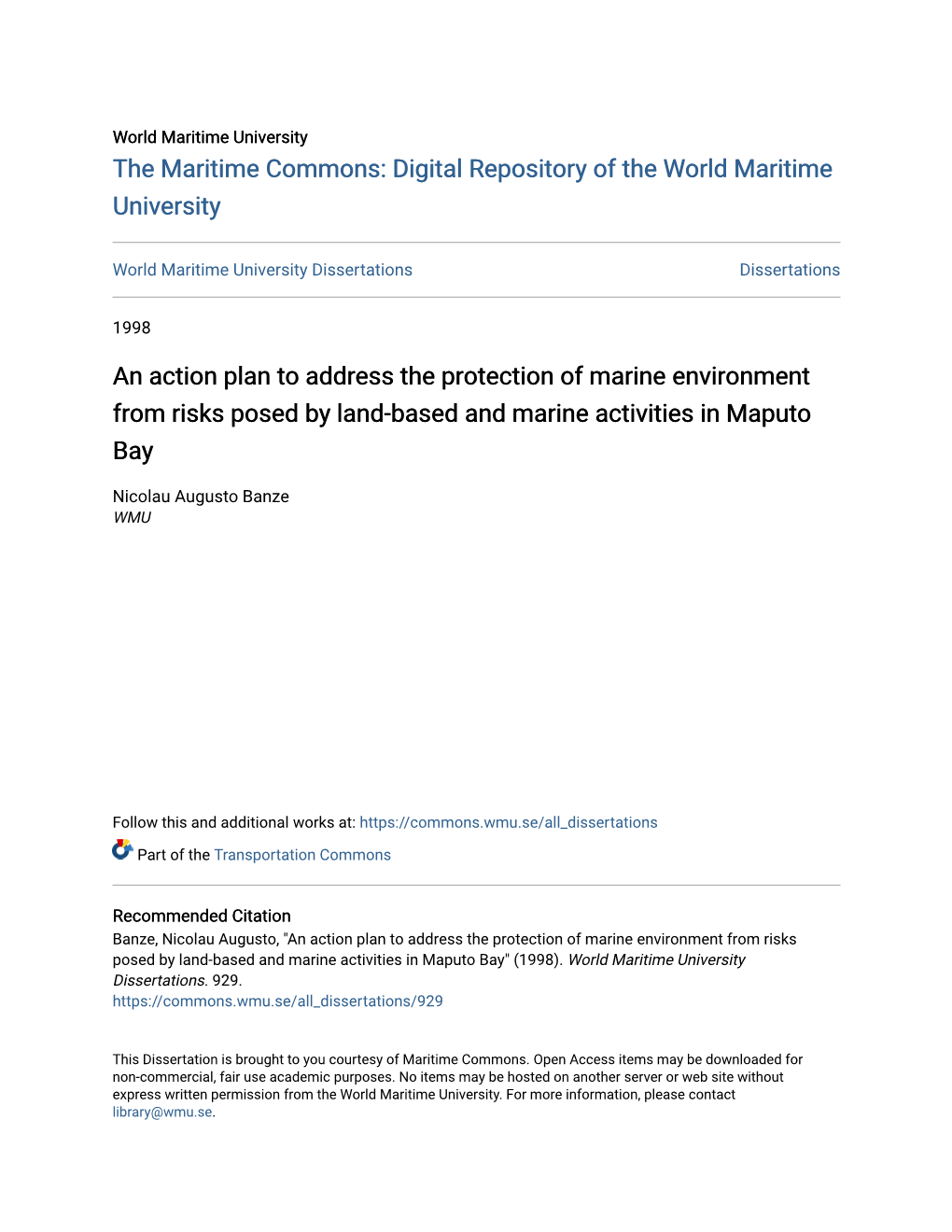 An Action Plan to Address the Protection of Marine Environment from Risks Posed by Land-Based and Marine Activities in Maputo Bay