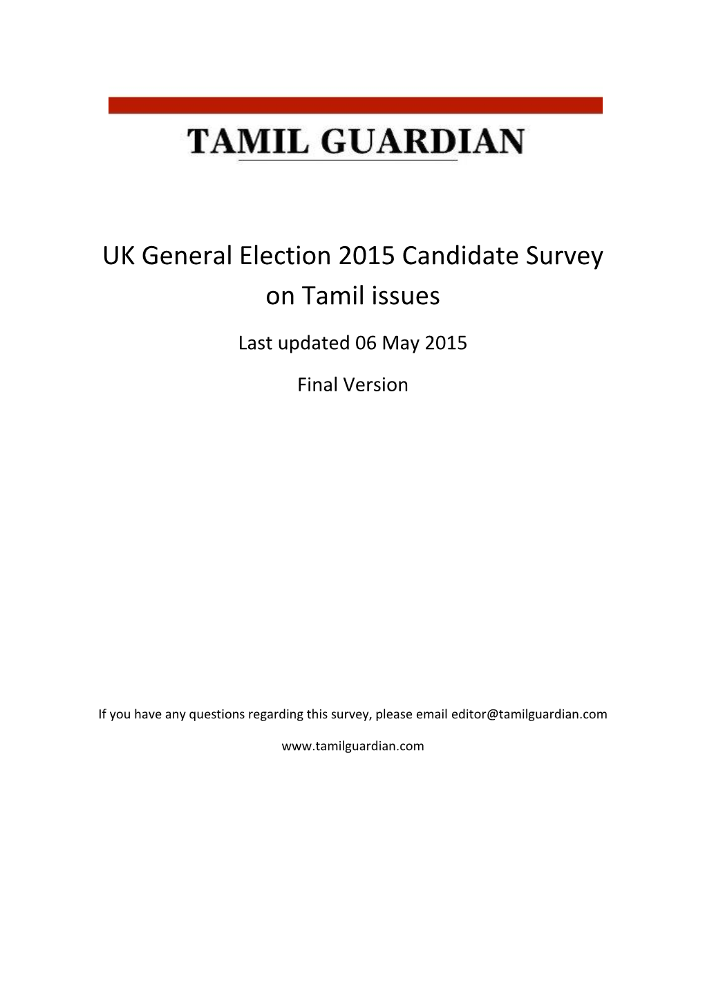 UK General Election 2015 Candidate Survey on Tamil Issues
