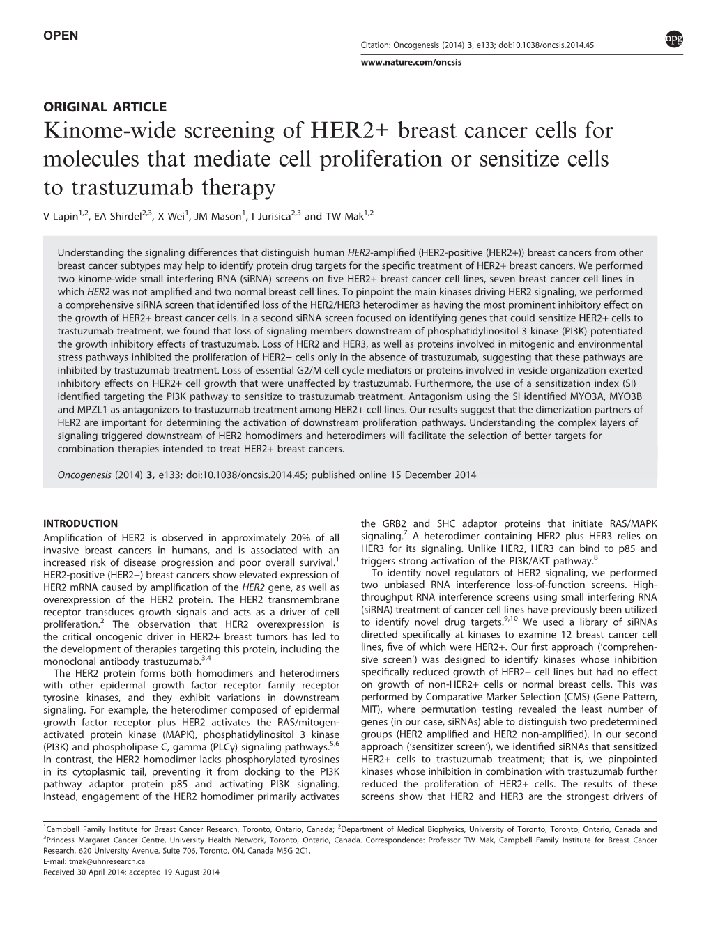 Breast Cancer Cells for Molecules That Mediate Cell Proliferation Or Sensitize Cells to Trastuzumab Therapy