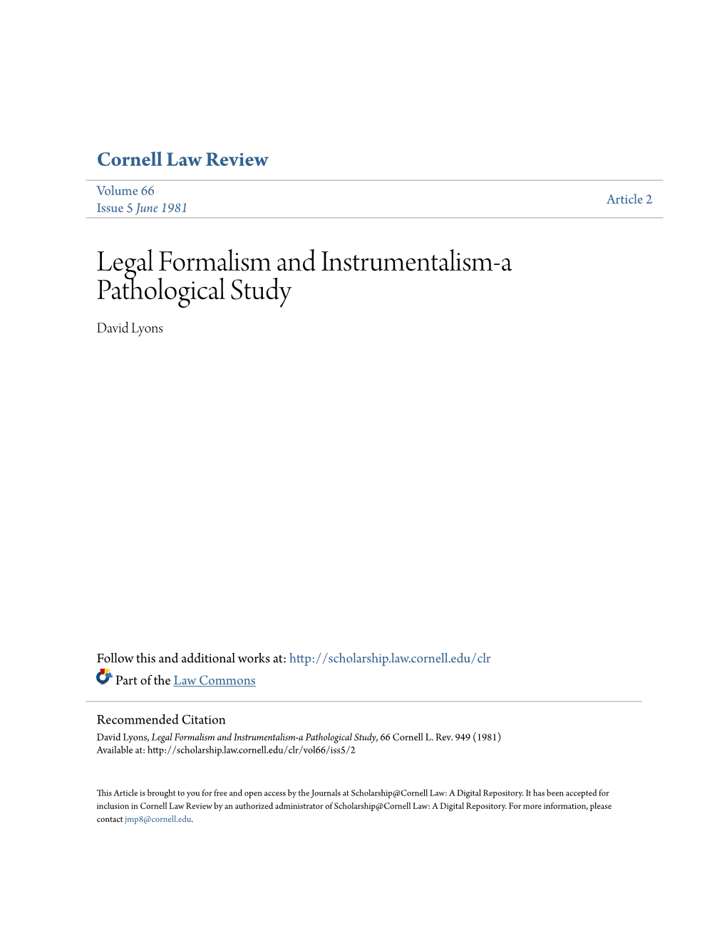 Legal Formalism and Instrumentalism-A Pathological Study David Lyons