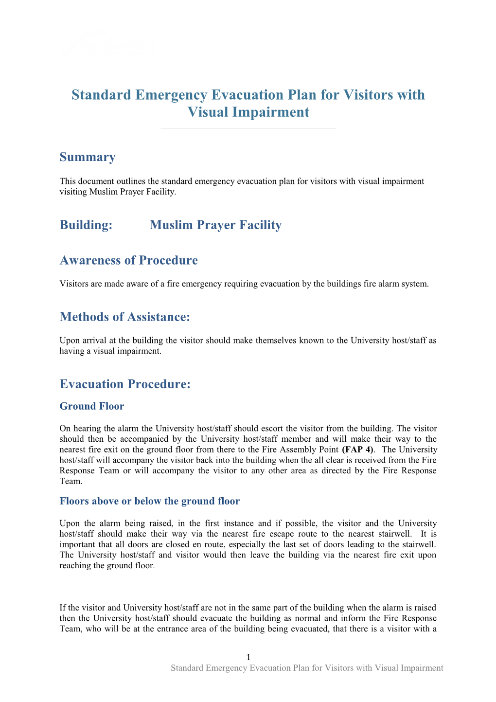 Standard Emergency Evacuation Plan for Visitors with Visual Impairment