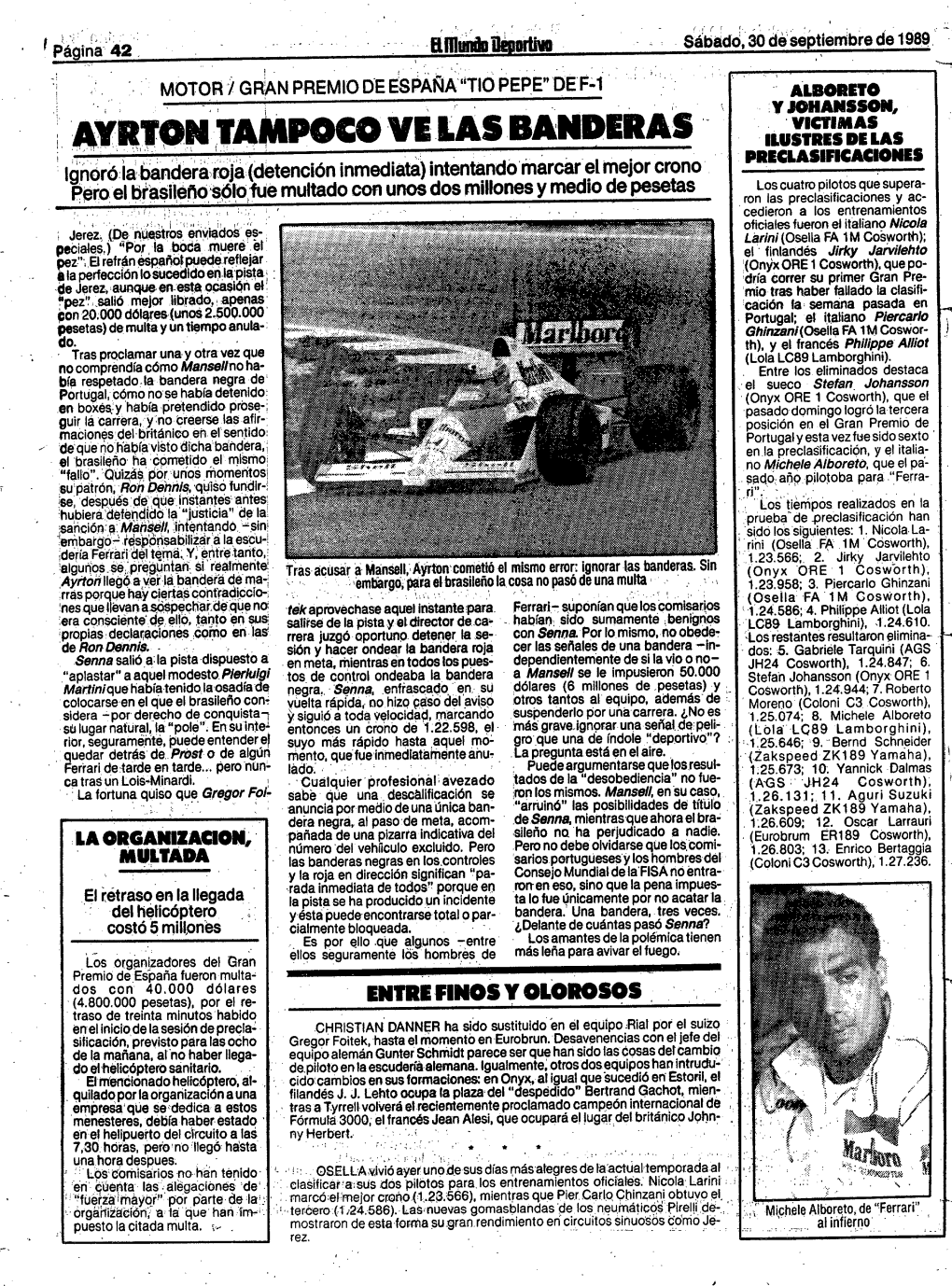 AYRTON TAMPOCO VE LAS BANDERAS DRECLASIFICACIONES Lgnóró.Ia.Banderárojá (Detención Inmediat) Inténtandómarcárel Mejor Crono Los Cuatro Pilotos Que Supera Pero